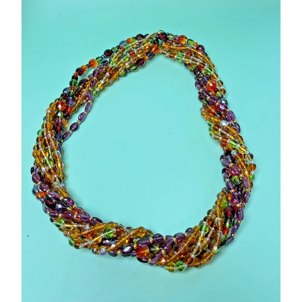 Vtg Joan Rivers 4 Strand Czech Glass Torsade Necklace Multicolor Gold Tone Clip